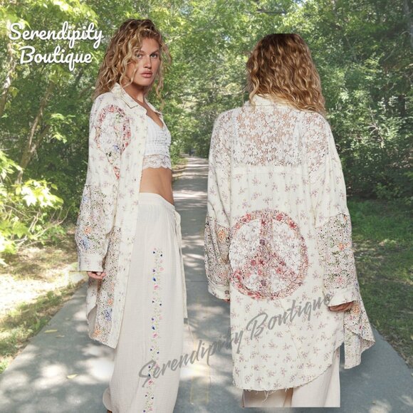 POL Hippie Lace and Peace Sign Floral Light Denim Long Sleeve Cardigan Jacket - Picture 1 of 10